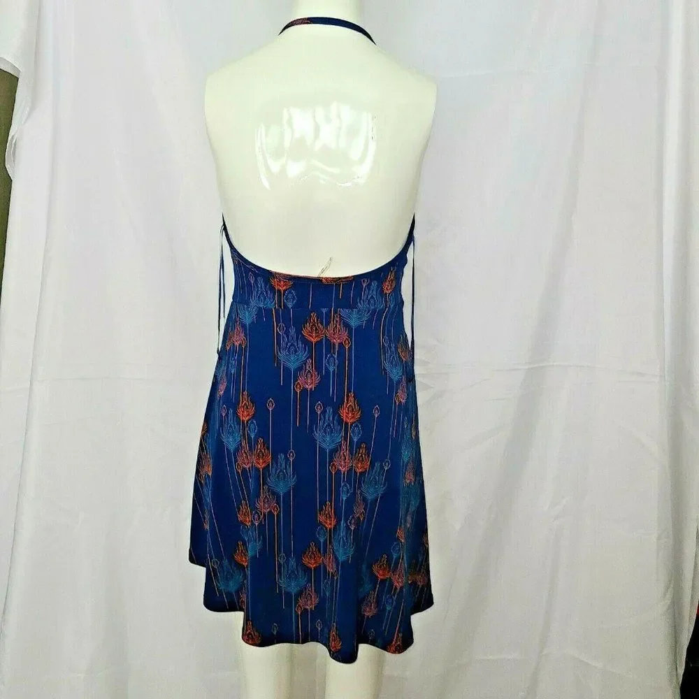 Free People Blue Peacock feather print Lined Halter Dress Boho Extra Small XS - Picture 4 of 11